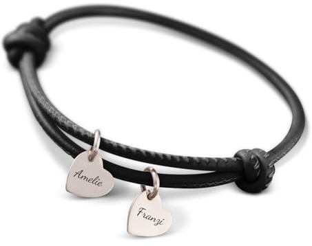 Love Faith Personalisiertes Freundschaftsarmband mit Gravur - Lederarmband in Schwarz mit 2 Herzen in Silber