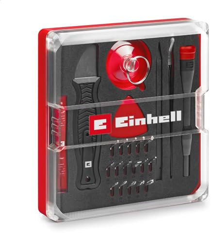 Original Einhell 28-Piece Precision and Electronics Repair Set (Precision Bits, Screwdriver Bit Holder, Curved Tweezers, Spudger, Lever Knife, Opening Tool, Opening Picks, Suction Lifter)