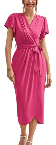 GRACE KARIN Robe de Soirée Midi à Manches Courtes Robe Moulante avec Taille Ceinture à Lacet Amovible L Rose