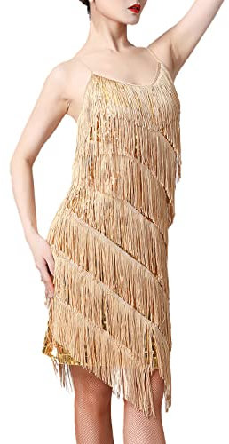 IBTOM CASTLE 1920 Pailletten Abendkleider Damen Tanzkleid Fransen Tanzkleid Kleid Quaste Tanzkleid Glitzer Party Kleid V-Ausschnitt Flapper Kostüm Cocktail Gold XL