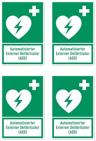 Aufkleber: 112.5x75 mm, 4 Stück - Automatisierter Externer Defibrillator (AED) - Rettungszeichen mit Text (deutsch) (grün/weiß) - hochkant - E010 - DIN EN ISO 7010 / ASR A1.3