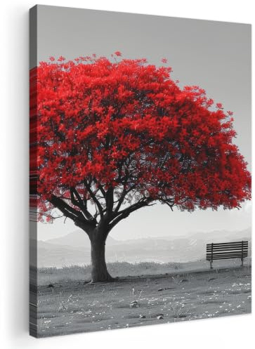 MuchoWow© Leinwand Bilder Wanddeko Wohnzimmer Aesthetic Room Decor Deko | 30x40 cm - Zimmer Wandbilder Modern Bild auf Baum - Rot - Natur - Schwarz und Weiß