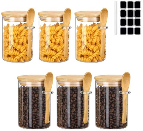 Juego de 6 Tarros de Cristal, Tarros de vidrio con tapa y cuchara,540ml Frascos de Vidrio con Tapa,recipientes de vidrio para almacenamiento de alimentos para condimentos, cereales, especias (6PCS)