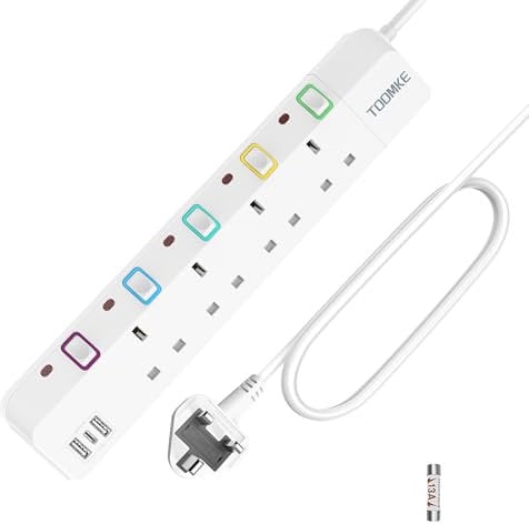 5M Extension Lead with USB Slots, 4 Way Multi Plug Extension Socket with 2 USB A and 1 USB C, USB Extension Lead with Individual Swithches, Power Socket Extension UK Plug 5 Meters Extension Cable