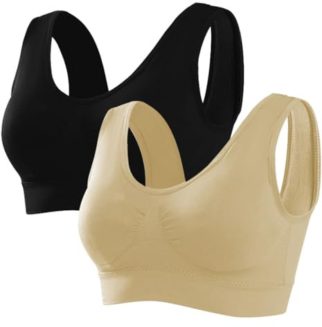 Memoryee Sport BH Damen Große Brüste Starker Halt Push Up Ohne Bügel 2er Pack Set Gepolstert Joggen Yoga Laufen Reiten Bra Crop Top Schwarz+Beige L