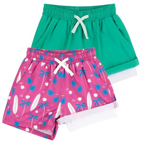 LACOFIA 2 Pièces Maillot de Bain Garçons 2 en 1 Shorts de Bain pour Enfant avec Compression Boxer Short de Natation/Plage/Surf à Taille élastique Séchage Rapide Vert+Rose 10-12 Ans