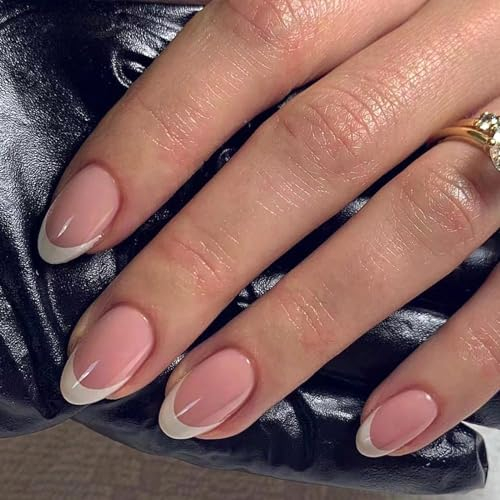 Ceboic 24 Pièces Faux Ongles Courts Amande Blanc French Tips Press on Nails Pleine Couverture Artificiels Ongles Ovale Faux Ongles à Coller pour Femmes et Filles DIY Manucure