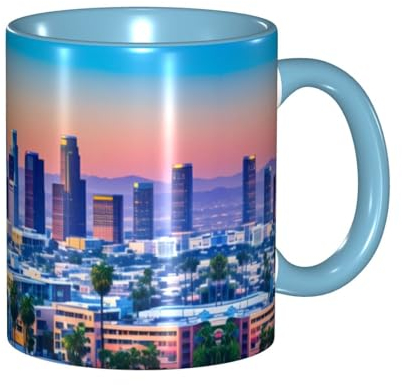 YYHHAOFA Himmelblaue Keramiktasse, geeignet für Cappuccino, Latte, Müsli, Joghurt, Milch, heiße oder kalte Getränke, Mikrowellenofen, Los Angeles Skyline-Muster