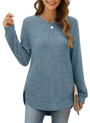 XIEERDUO Pullover Damen Strickpullover Sweatshirt Langarmshirt Herbst Winter Tunika Tshirt Elegant Oberteile Top Blau M