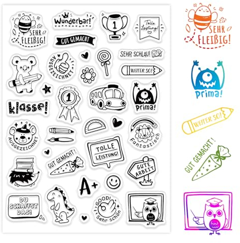 BETESSIN Silikon Stempel Sprüche Deutsch Clear Stamps Lehrer Stempelset Einschulung Schule Transparent Silikonstempel Motivstempel zum Basteln mit Tier-Motiven für Kartenherstellung Scrapbooking