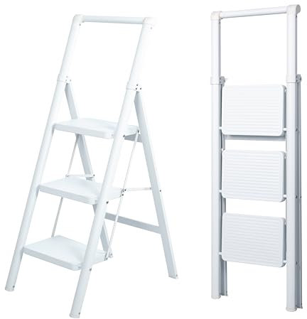 UZIRO Escalera Plegable 3 Peldaños, Liviana y Compacta, Diseño Decorativo, Peldaños Anchos Antideslizantes, Ideal para Uso en Hogar, Cocina y Oficina, Fácil de Guardar y Transportar, Alta Durabilidad