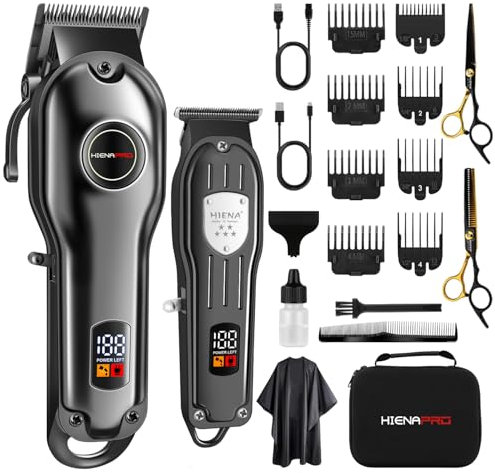 HIENA PRO Professional Hair Clippers Set for Men, Cordless Barber Clipper Berad Trimmer Set, Hair Cutting Machine Kit, Rechargeable Clipper Set for Barbers with LED Display (Black)