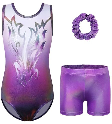 ZNYUNE Mädchen Turnanzug mit Hose Haarband Set Gymnastikanzug Kinder Shorts Trikot Turnen Ärmellos/Langarm Kleidung klassisch Turnbody B379 WhitePurple 10A