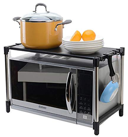 Rejilla de almacenamiento para microondas Rejilla para horno microondas Estante de cocina Soporte para horno microondas Rejilla de almacenamiento para suministros de cocina con ganchos Acero inoxida