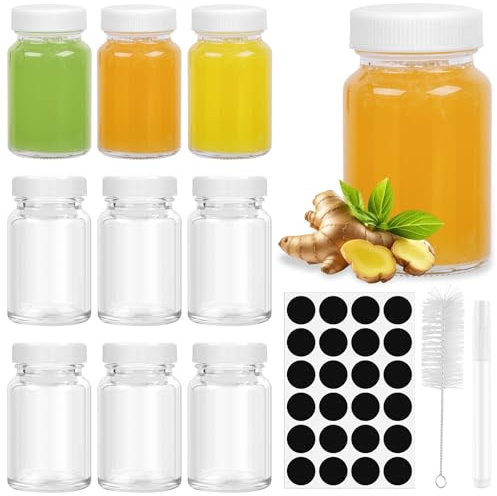 10 Bouteilles en Verre 60ml Avec Bouchon Hermétique Mini Shot Detox - Bocaux Pour Jus de Gingembre, Liqueur, Confiture - Réutilisable Pour Pique-nique