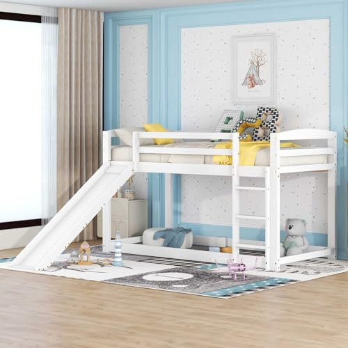 YEHTOKHOME Lits pour Enfants 90x200cm multifonctionnels avec toboggans et échelles,superposés en Bois Lits pour Adolescents avec sommiers à Lattes(sans Matelas) (Blanc)