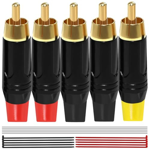 MKBKLLJY 5PCS RCA Male Plug Adapter Audio Phono 24K Gold Plated Solder Connector Speaker Wire Cable to Audio Male RCA Plug Jack with Solder Wire Cable Ties, for Speaker Home Theater TV Amplifiers