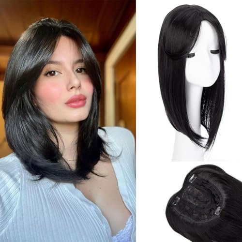 Lace-Front-Haar-Topper, glatt, große Basisabdeckung, dünner werdendes Haar, weißer Haarclip in Haar-Topper für Damen, Faser-Perücken mit Pony, natürliches Schwarz