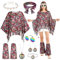 AOOWU Costume Hippie pour Femme, Set De 9 Ensemble De Costume Hippie des Années 70, Deguisement Hippie avec Cape, Surbottes, Lunettes De Soleil, 2 Bandeaux, Boucles d'oreilles, Bracelet