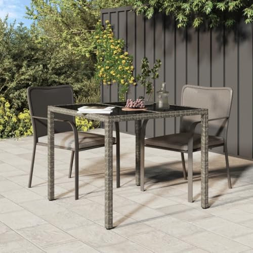 Myheimly Gartentisch, Esstisch Terrassentisch Gartenmöbel Balkontisch Outdoor Tisch Außentisch 90x90x75 cm Gehärtetes Glas Poly Rattan Grau