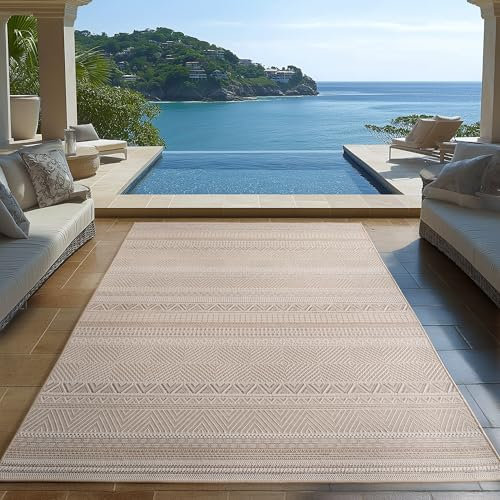 Carpetsale24 Outdoor Teppich Beige 120x170 cm, Wetterfest & UV-beständig, ideal für Küche, Balkon, Terrasse, Garten auch Wohnzimmer und Esszimmer, Skandinavisches Boho-Design, Leicht zu Reinigen