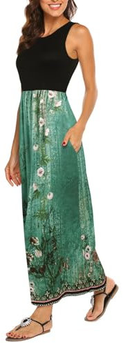 BDTECAOR Damen Ärmellose Locker Hohe Taille Long Maxi Kleider mit Taschen Schöner Eleganter Abendkleider Retro grüne Blumen L