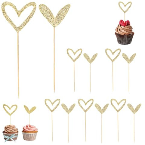 24 Stück Gold Glitter Herz Cupcake Topper Tortendeko Nettes Design Herzen Muffin Deko Herzförmige Deko-Aufhängung für Geburtstage,Jubiläum,Hochzeit,Party Dekorationen