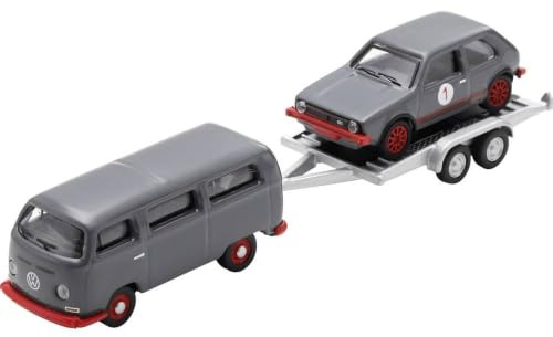 Schuco Autobus VW T2 con rimorchio VW Golf I GTI, modellino di auto pressofuso di alta qualità in scala 1:87, modellino auto 1:87, modello da collezione, H0