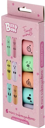 Grafoplas - Mini Evidenziatori Torta Bits&Bobs Funny Animals, Punta smussata 1-5 mm, 6 Colori Pastello -Lavanda, Blu, Rosa, Verde, Arancione, Giallo- Perfetto Materiale Scuola e Cancelleria da