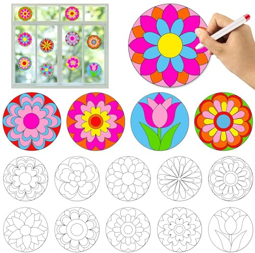 30 Pcs Spring Theme Flower Suncatchers Decorations DIY Window Paint Art Craft Kit Floral Flower Painting Window Cling Stickers for Kids Gifts Classroom Activities Ornament Camping Party Art Projects