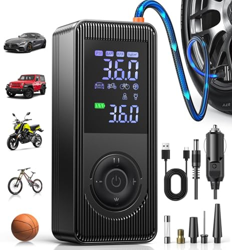 Fshyos Tyre Inflator Air Compressor 150PSI Portable Car Cordless Rechargeable Tyre Pump with Pressure Gauge,12V DC Electric Car Air Pump Auto Shutoff with LED Light for Car Motorcycle Bicycle Ball