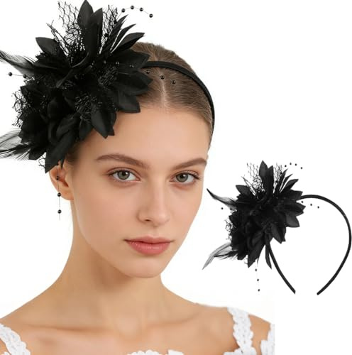 OIXEYA Feder-Stirnband, Kostüm für Karneval, Feder Haarreif mit Künstlichen Blumen, 1920er Fascinator Kopfschmuck für Damen, für Karneval Party Cosplay Hochzeit (Schwarz)