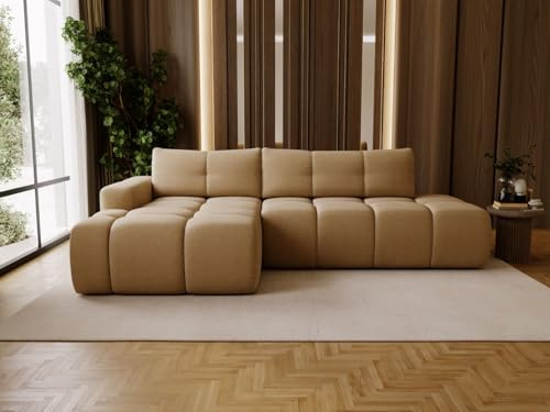 GRAINGOLD Montero L Ecksofa modern mit Bettfunktion, 280x177 cm, L-Form Sofa, Schlafcouch für Wohnzimmer, Bouclé-Stoff, 3-Sitzer Eckcouch, Ecksofa mit Bettkasten (Hellbraun, Links)