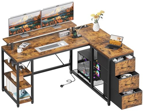 RALGEND L-förmiger Eckschreibtisch mit Steckdosen, 120 cm Gaming-Tisch | Schreibtisch mit 3 Schubladen und Monitorständer, Computertisch mit Regal, für Büro, Home Office, Vintagebraun und Schwarz