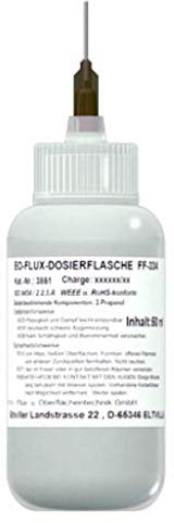 EO-Flux-Dosierflasche FF-334 (No-clean Elektronik-Flussmittel mit 3,0% Feststoff), Luer-Lock Flasche mit 50 ml Inhalt und Dosiernadel aus Teflon