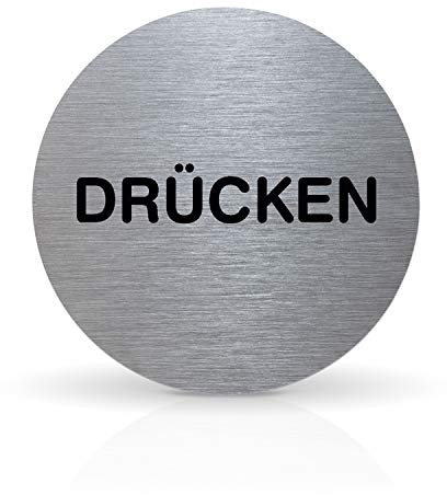 Betriebsausstattung24® Türschild Piktogramm „DÜRCKEN“ - Rundes Hinweisschild aus Aluminium - Für Ihre Tür & Wand - Silber - Durchmesser Ø 7,0 cm - Inkl. Klebepad