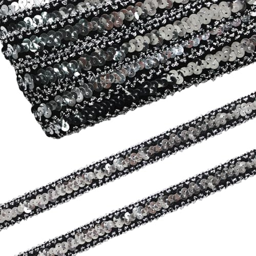 Yalulu 10 Yards Glänzendes Elastische Paillettenband Glitzer Stretch Pailletten Bänder Borten Bortenband DIY Handwerk Bastelprojekte (Silber - Schwarz)