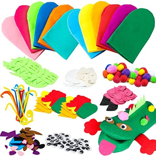 WATINC 12Pcs Animal Hand Puppets Making Kit Age 3+ for Kids Toddlers DIY Art Craft Party Supplies Children Role Play Toys Felt Glove Puppets Show, Colorful Pompoms, DIY Felt Decors