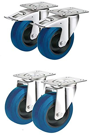 4 Lenkrollen Ø 125mm, 2 Lenkrollen mit Feststell-Bremsen, 2 Lenk-Rollen ohne Feststeller als Transportrollen, Lager Kugellager/Rollenlager, Reifen aus Elastik Blue-Wheel