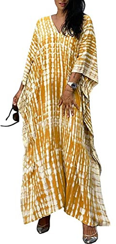 Orshoy Womens Beach Cover Up Dress V-Neck Kaftan Rayon Caftan Boho Swimsuit Swimwear Nighty Plus Size B-Yellow White