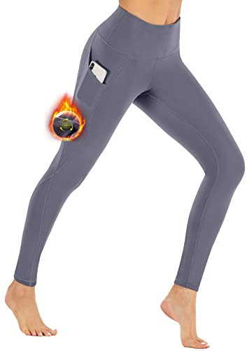 Ewedoos Thermo Leggings Damen Gefüttert mit Taschen High Waist Leggings Damen Winter für Fitness Laufen Wandern Laufhose Yogahose Sporthose Grau S