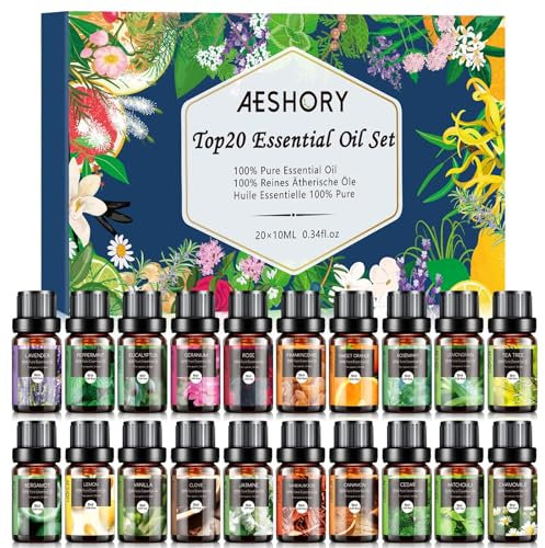 Aeshory Ätherische Öle Set 20 x 10 ml, Naturrein Essential Oils Aroma Öl Duftöle für Diffuser, Luftbefeuchter, Aromatherapie, Seifen, Kerzenherstellung