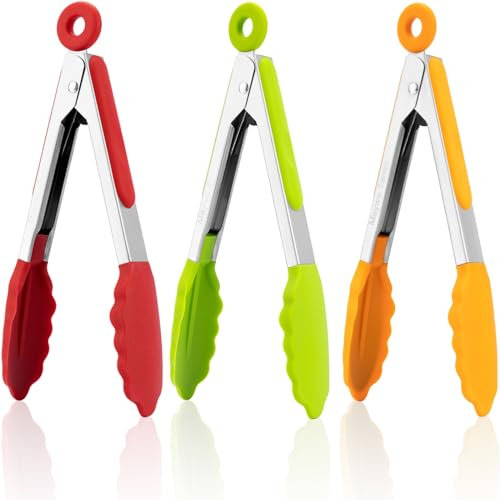 Small Silicone Tongs for Cooking,3 PCS 7-Inch Mini Serving Tongs-600°F Heat Resistant Non Stick Stainless Steel Tong with Silicone Tips Food Tong Cooking Tongs for Salad,Barbecue,Buffet Serving