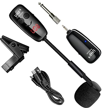 UHF Wireless Instrument Microphone - Wireless Clip Saxophone Microphone,Clip Condenser Mic with LED Screen for Horns,Trumpets,Clarinets, Saxophones, Stage Performing Voice Amplifier