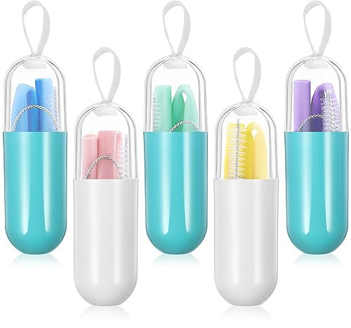 HEMOTON 5 Pcs Reusable Straws with Case, Drinking Silicone Straws Set with Case, Portable Foldable Travel Straws with Cleaning Brush for Party Travel (Assorted Color)