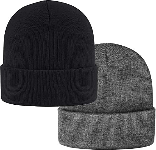 2 Stück Classics Beanie Mütze Herren Damen,Unisex Wintermütze,Knit Cuffed Beanie Hat,Dehnbar Weiche Strickmütze für läuft Autofahren Radfahren Arbeiten Outdoor (Schwarz und Dunkelgrau,2 Stück)