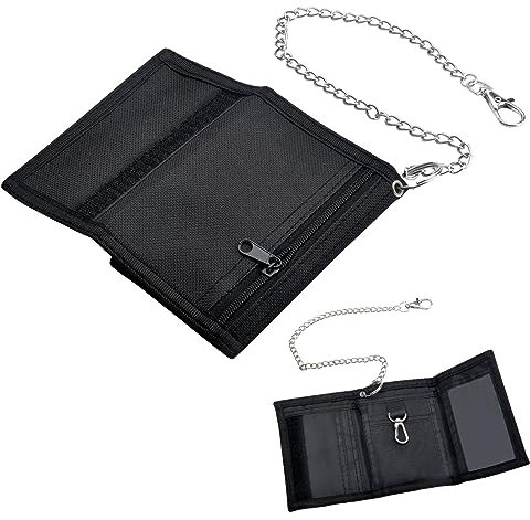 DAWRIS Slim Boys Wallet Trifold Wallets with Chain Clip Zipper Fabric Wallet for Paper Currency Coins Bank Cards Key Handy Velcro Purse for Travel Sports for Teenagers Kids Boys Men (Black)