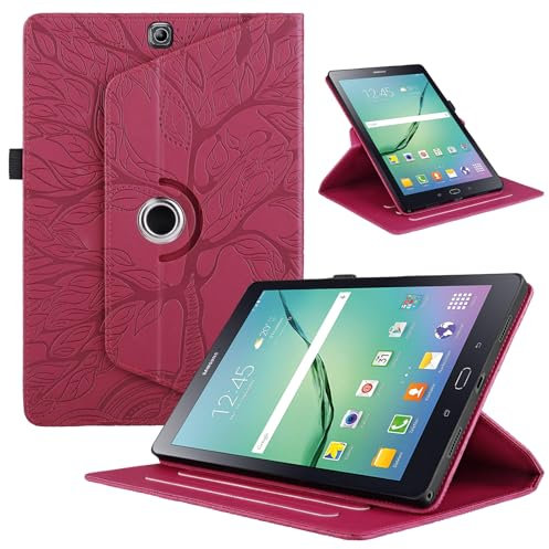 TEDTIKJT Funda para Tabletas Samsung Galaxy Tab S2 9.7 2015 SM-T810/T815 PU Cuero Folio Cover Protectora 360 Giratoria Soporte Carcasa para Samsung Galaxy Tab S2 Funda, Rojo Árboles