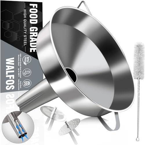 Walfos Extra Large Stainless Steel Funnel with Venting Slot, Kitchen Funnel with 2 Removable Strainer & 1Pc Cleaning Brush, Perfect for Transferring Liquid, Oils, Jam, Dry Ingredients (Jumbo, 7.9)