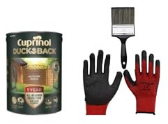 FAB INT PRODUCTS Cuprinol Ducksback 5 Year Waterproof for Sheds and Fences, 5L, Include Glove L, 4Brush, (Autumn Gold)